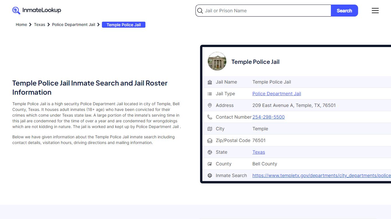 Temple Police Jail Inmate Search - Temple Texas - Inmate Lookup